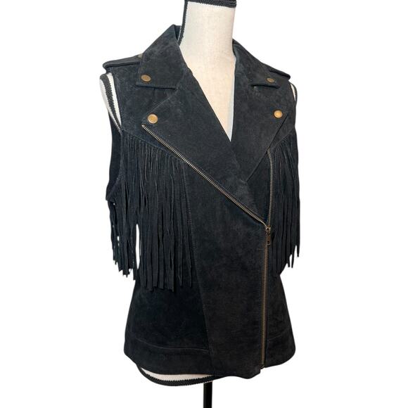Forever 21 Black Suede Leather Fringe Vest Large‎ Western Biker Rodeo Edgy - Picture 1 of 7